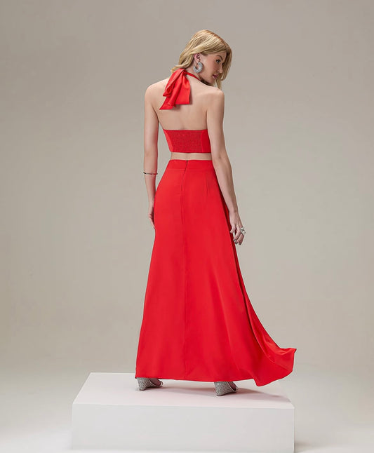 Vestido Longo com broche laço