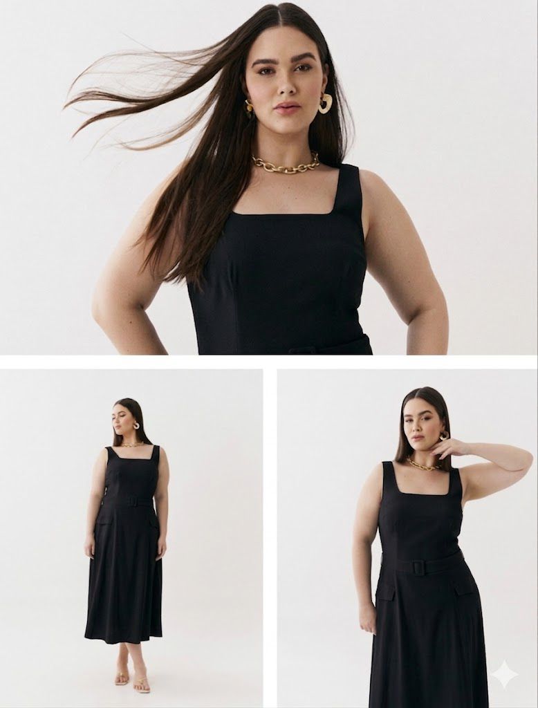 Vestido Mídi Preto com Cinto e Alça Larga Atemporal