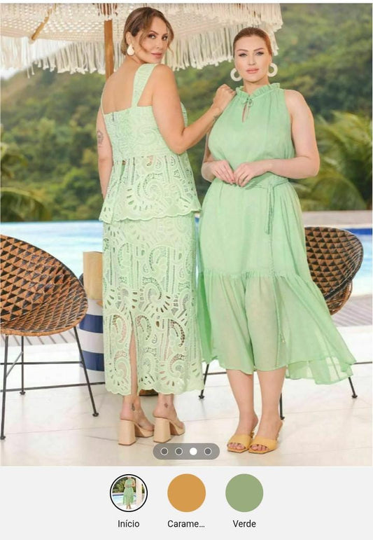 Vestido Longo Plus Size Caramelo com Gola Franzida e Cinto Trança Premium