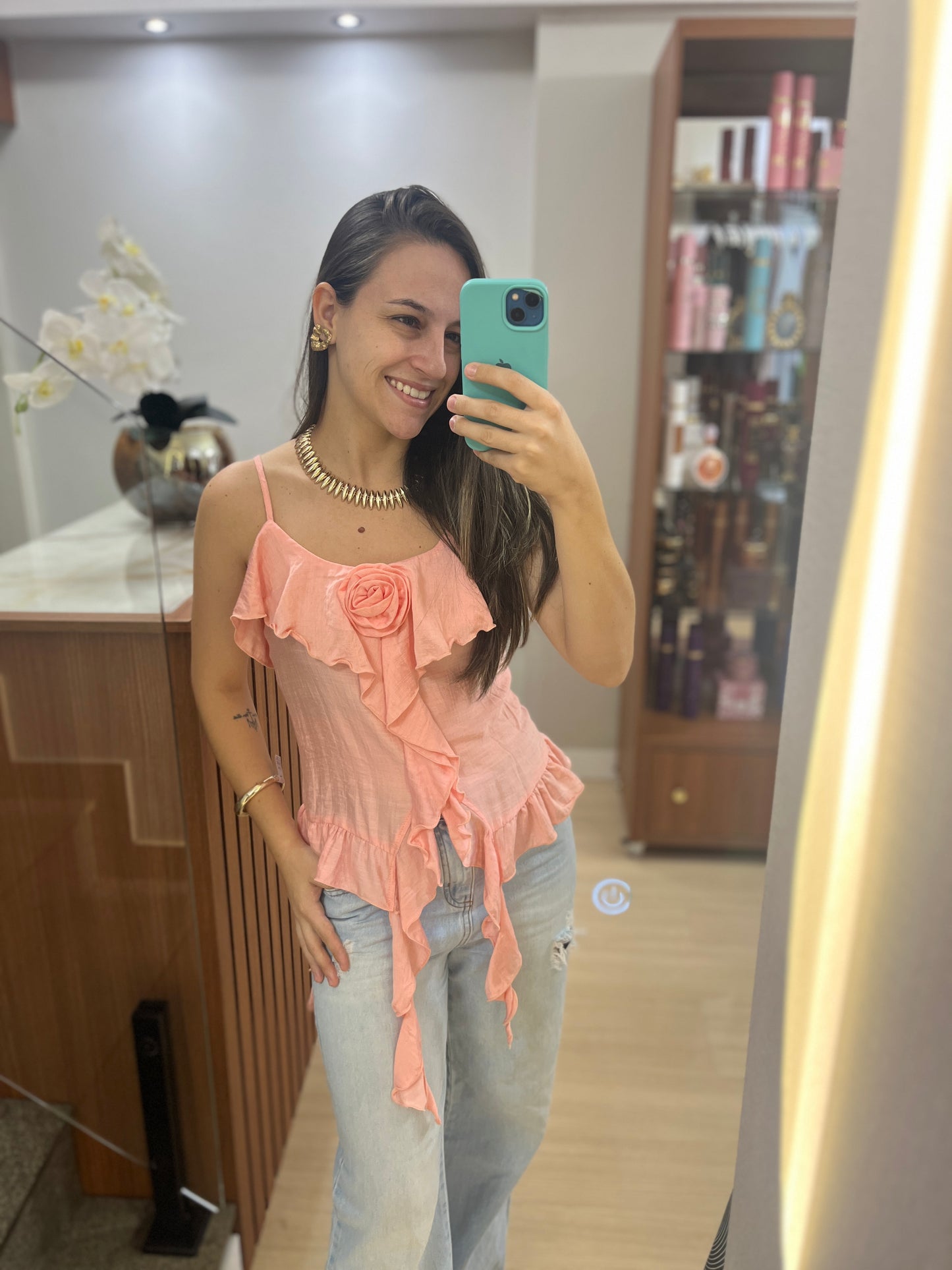 Blusa Rosa com Babados e Alça Regulável
