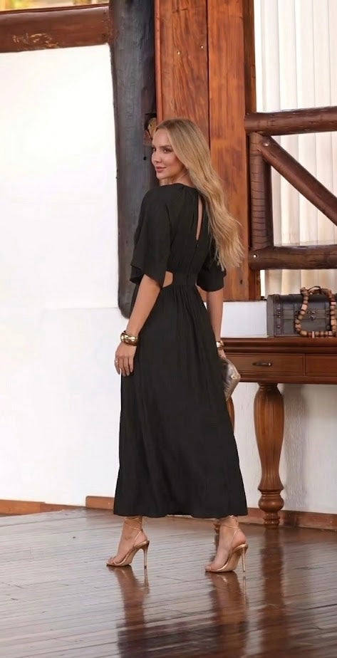 Vestido longo recorte cintura