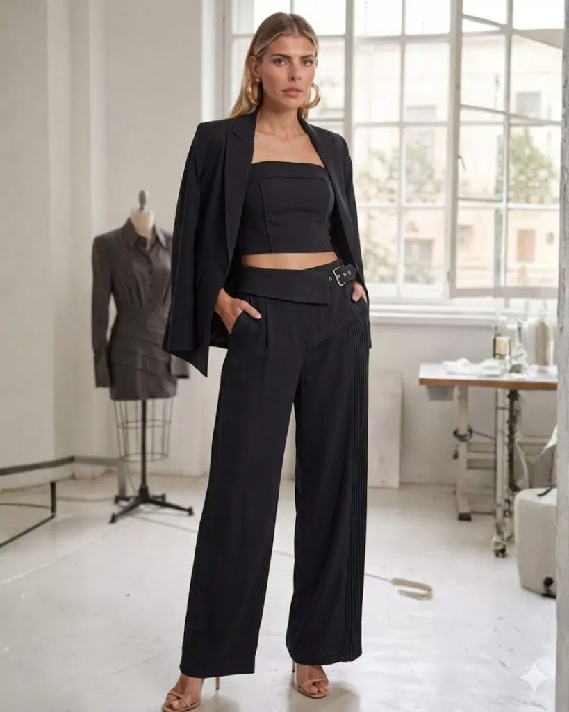 Calça fivela com plissado lateral