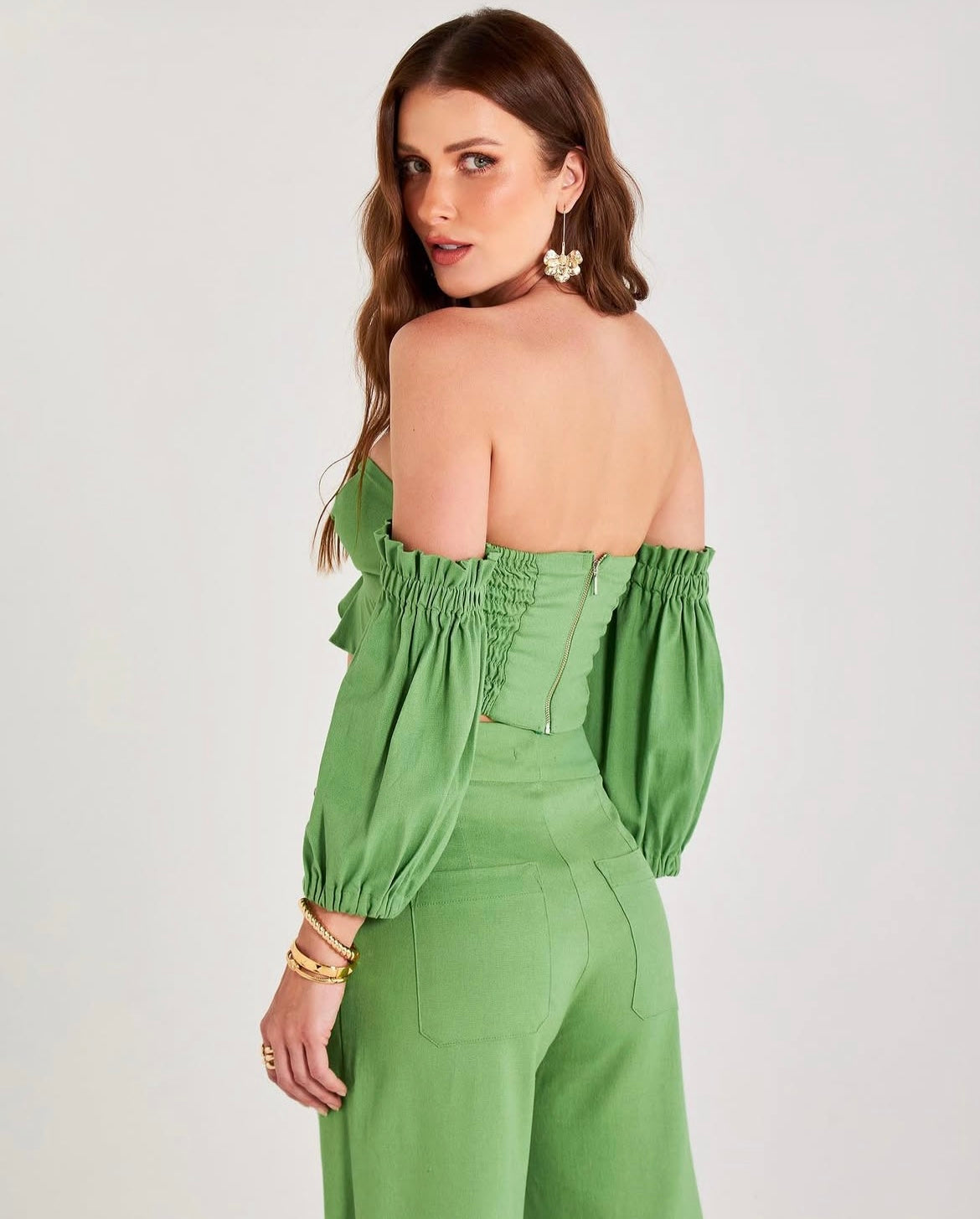 Conjunto linho calça reta com cropped
