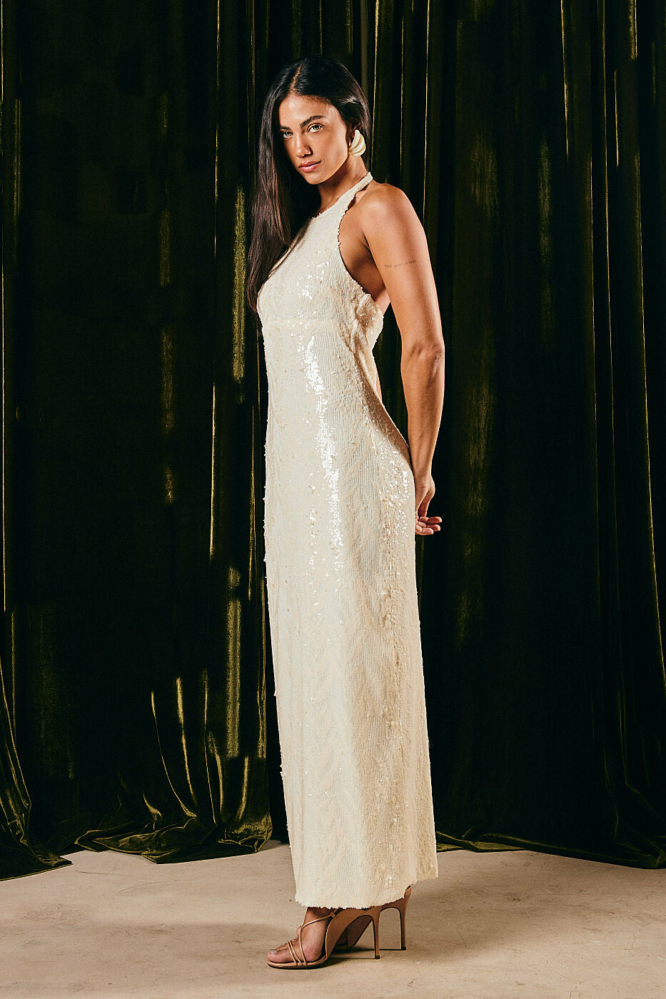 Vestido Paetê longo frente única