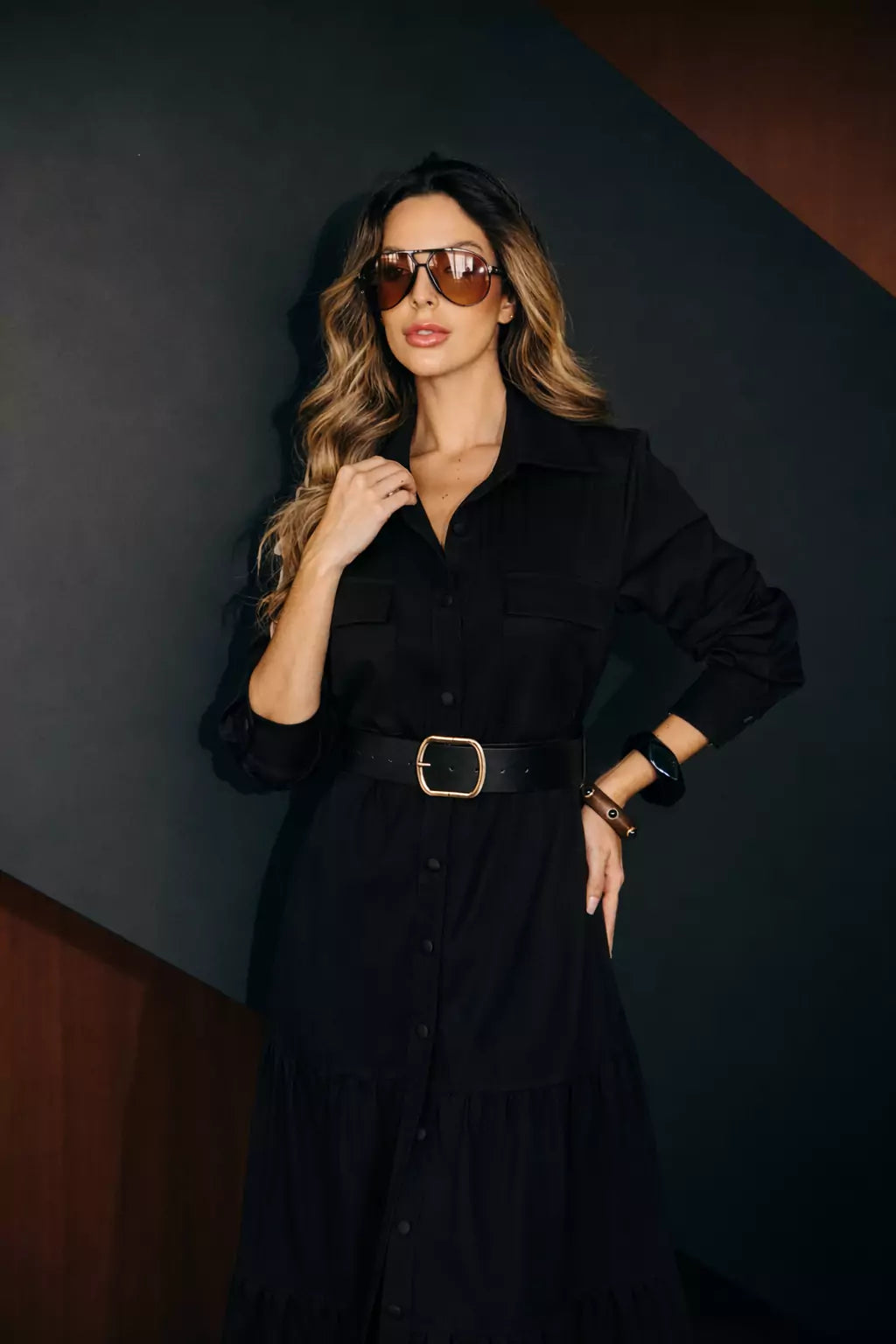 Chemise Mídi com cinto ajustável e bolso