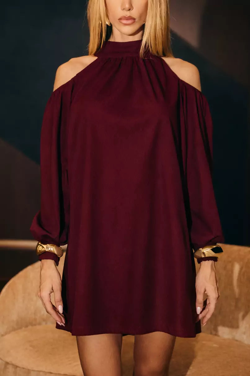 Vestido Gola alta com mangas vazadas canelado