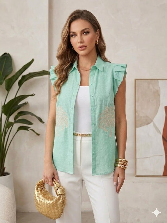 Blusa Verde com Bordado de Coqueiro e Botões