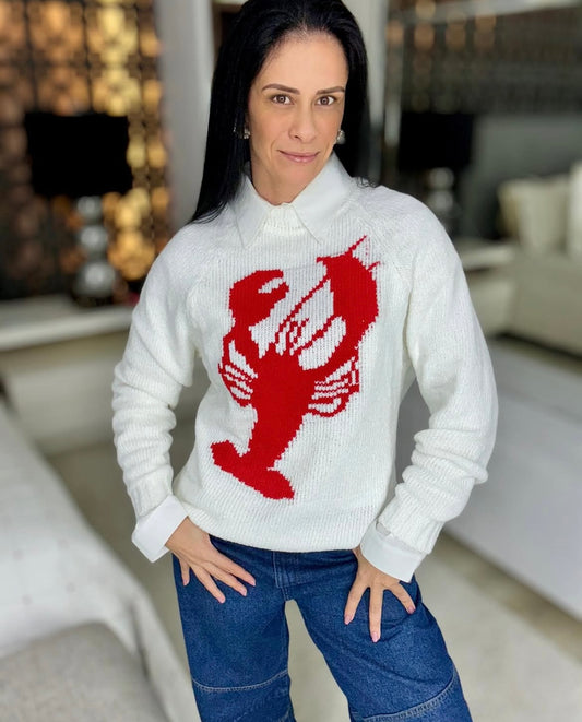 Suéter Tricot Off White com Estampa de Lagosta