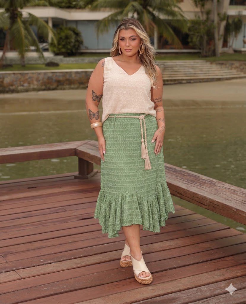 Saia Chiffon Texturizada com Bordado de Coqueiros elegante
