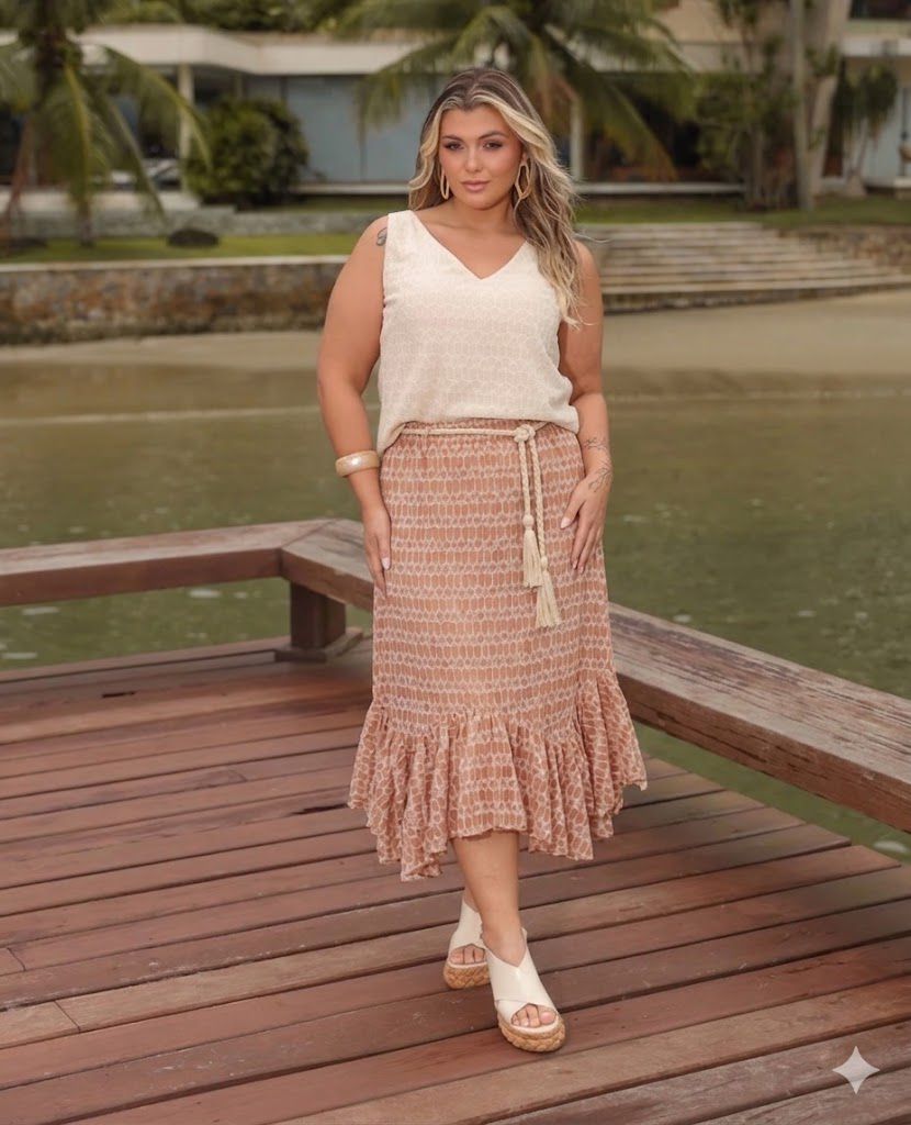 Saia Chiffon Texturizada com Bordado de Coqueiros elegante