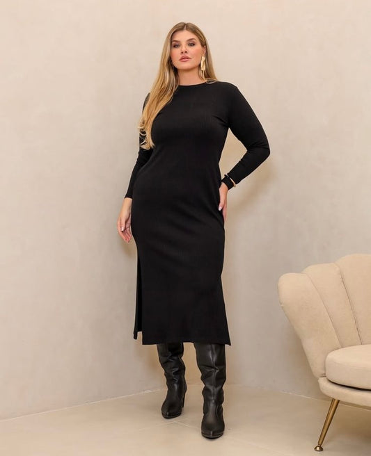 Vestido Mídi Canelado Cinza com Fenda Lateral