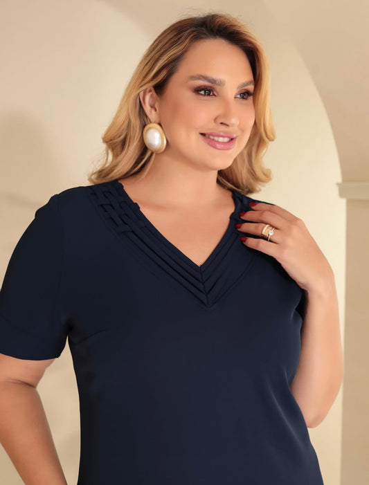 Vestido Reto Plus Size Azul Marinho Alfaiataria Premium