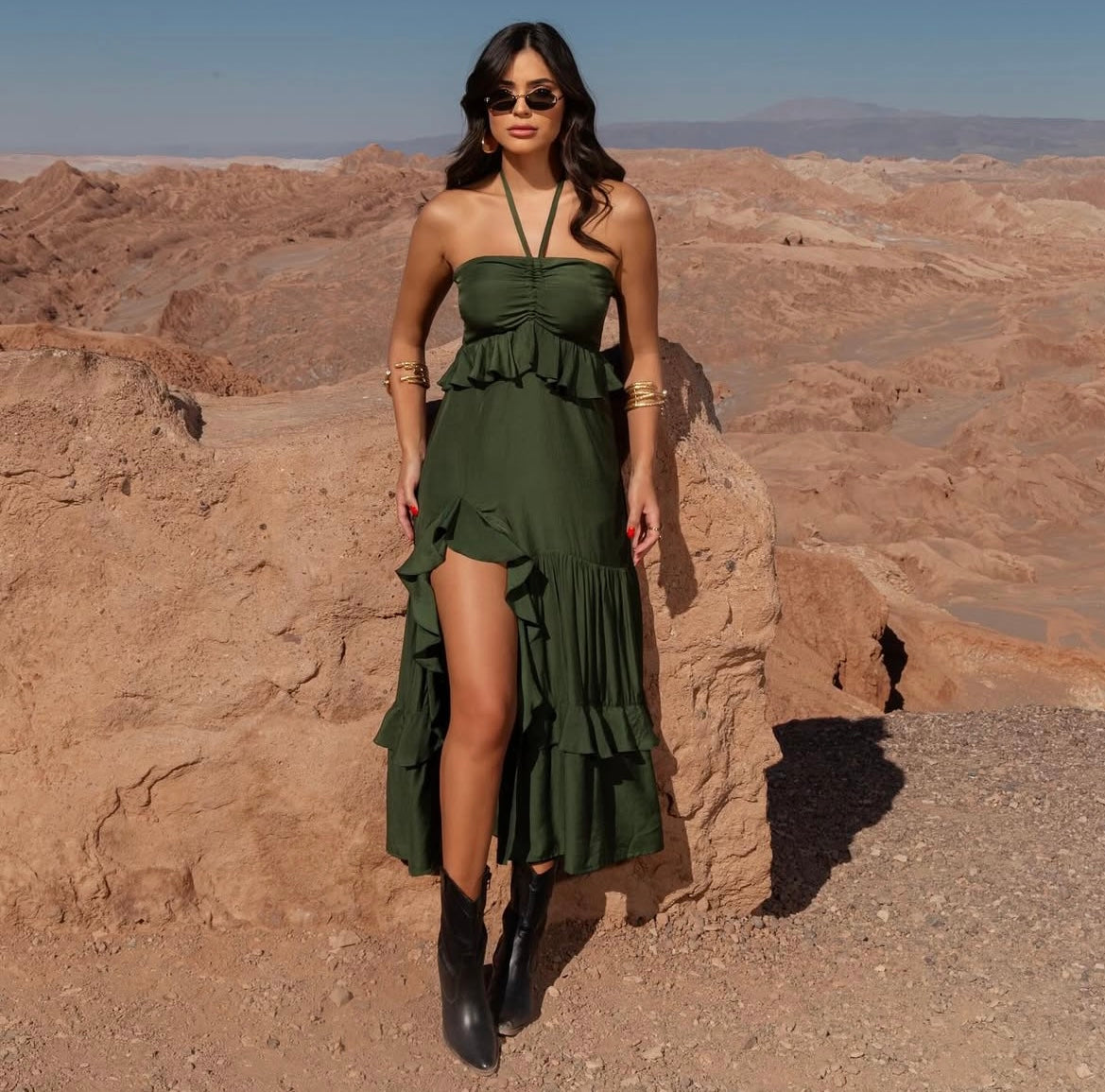 Vestido alça com lastex e babado