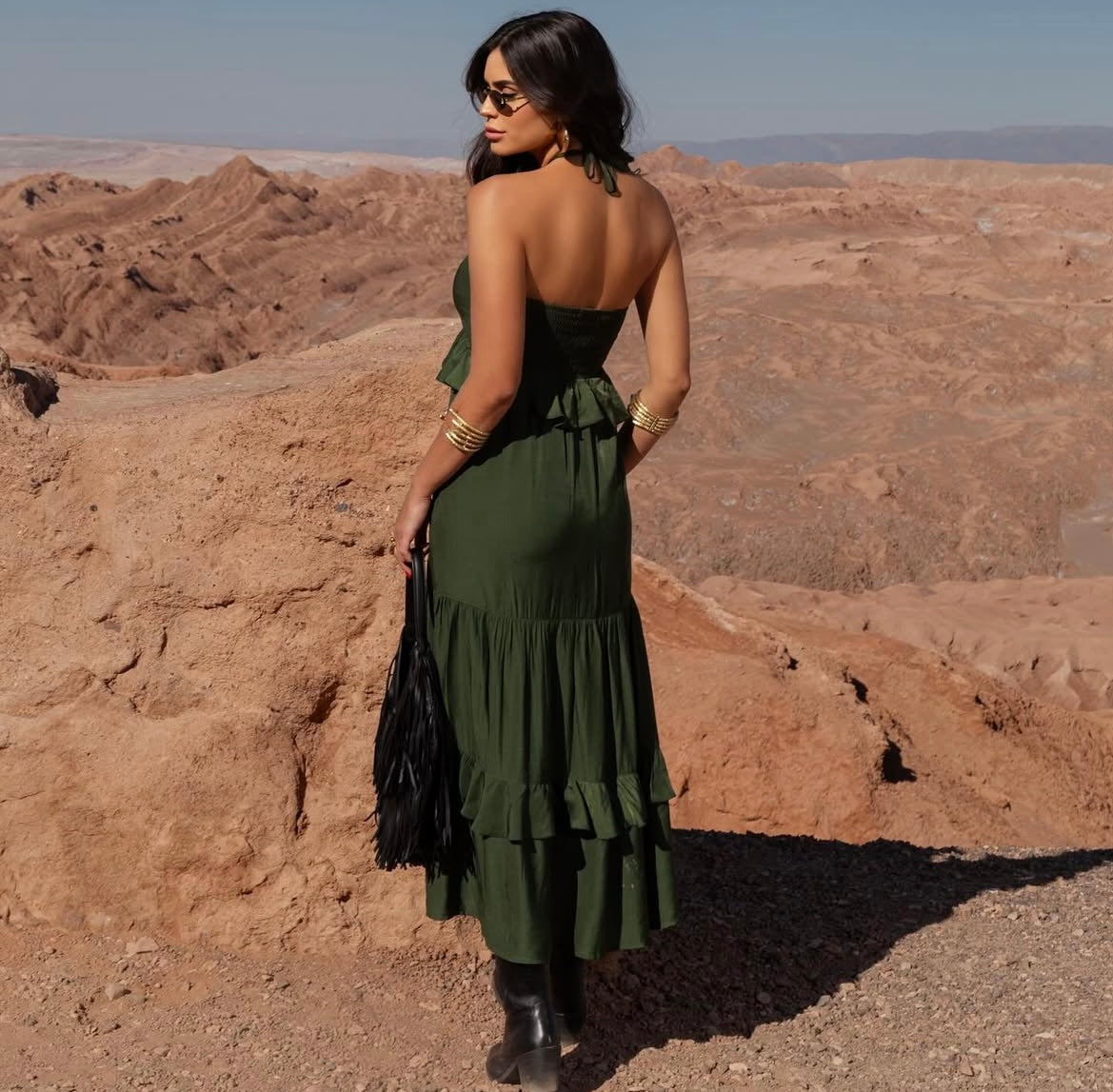 Vestido alça com lastex e babado