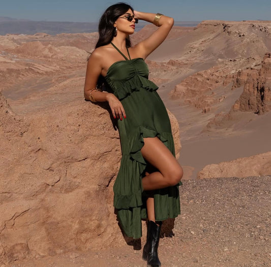 Vestido alça com lastex e babado