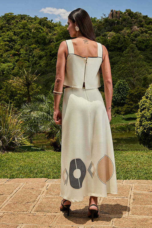 Conjunto Estampado Saia e Cropped Alça Larga
