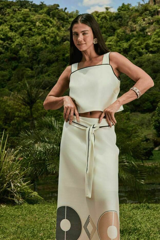 Conjunto Estampado Saia e Cropped Alça Larga