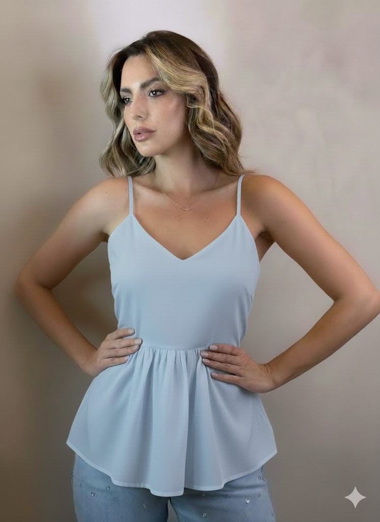 Blusa alça fina com regulagem cintura franzida