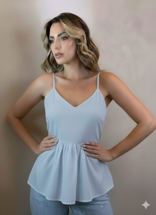Blusa alça fina com regulagem cintura franzida