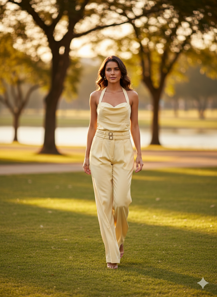 Conjunto Calça com Cinto Duplo e Cropped Frente Única