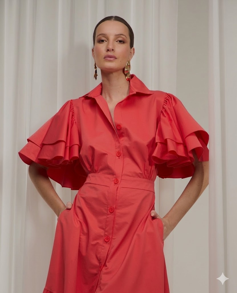 Vestido botões com manga de babados