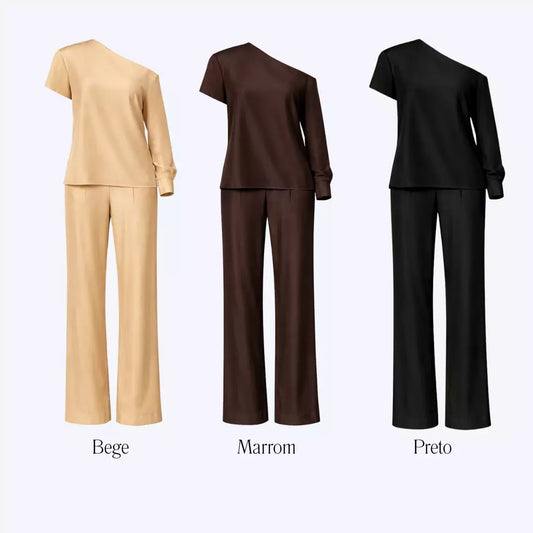 Conjunto calça pantalona e blusa assimétrica